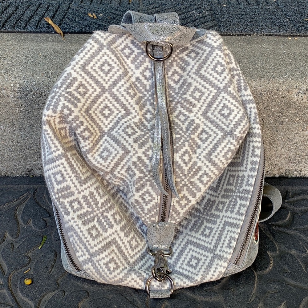 Ten 79 LA Beaded Geometric Woven Knit Emme Backpack Bag Silver Gray and White